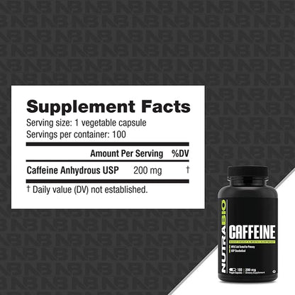 NutraBio 100% Pure Caffeine Capsules (100 Capsules)