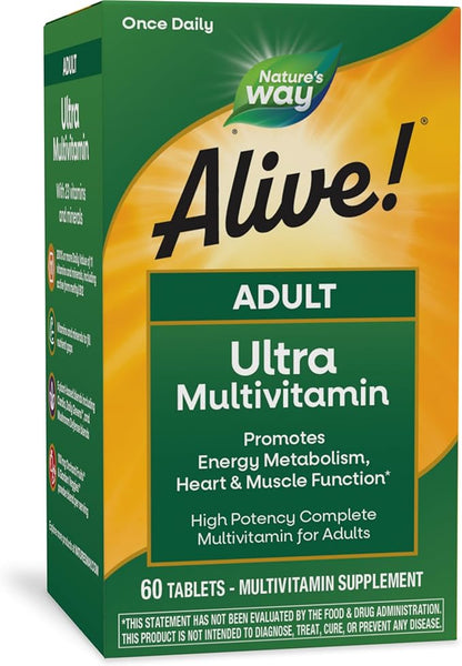 Nature's Way Alive! Adult Ultra Multivitamin, Promotes Energy Metabolism, Heart & Muscle Function*, with B-Vitamins Including Methylated B12, Gluten Free, 60 Tablets