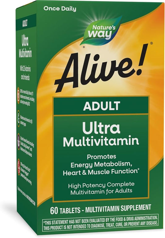 Nature's Way Alive! Adult Ultra Multivitamin, Promotes Energy Metabolism, Heart & Muscle Function*, with B-Vitamins Including Methylated B12, Gluten Free, 60 Tablets