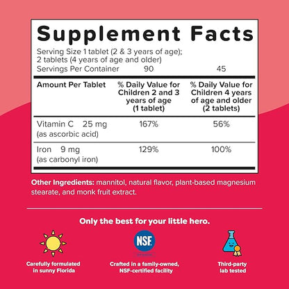Renzo's Iron Supplements for Kids, Dissolvable Vegan Iron Supplement with Vitamin C, Sugar Free, Oh-Oh-Oh Orange Flavor, 90 Melty Tabs