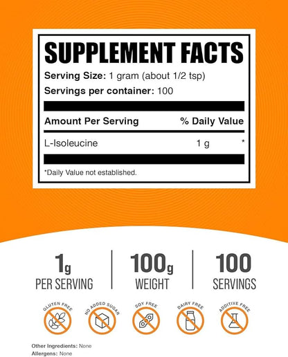 BulkSupplements.com L-Isoleucine Powder - Amino Acid Supplement, BCAA Supplement - Unflavored & Gluten Free, 1g per Serving, 100g (3.5 oz) (Pack of 1)