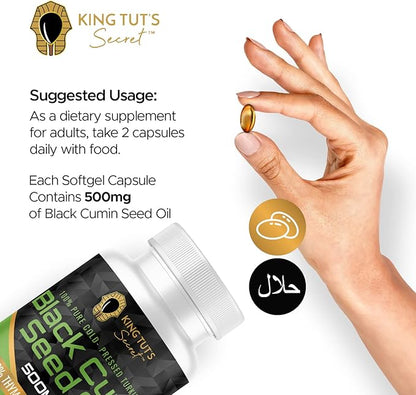 KING TUT'S SECRET Black Seed Capsules - 500 mg 100 Softgels - Nigella Sativa Extract, Black Cumin Supplement for Hair, Antioxidant Support, Immune System - Halal Black Seed Cumin Oil Capsules