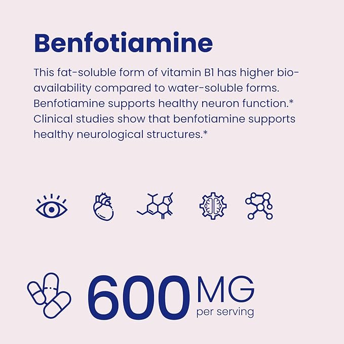 VHC Vitamin B1 Benfotiamine 600mg Supplement- 5X Time Fat-Soluble Thiamine Vitamin B1- Max Boost Bioavailable Thiamine B1 Levels-120 Veggie Capsules,Non-GMO, Soy Free- Made in USA