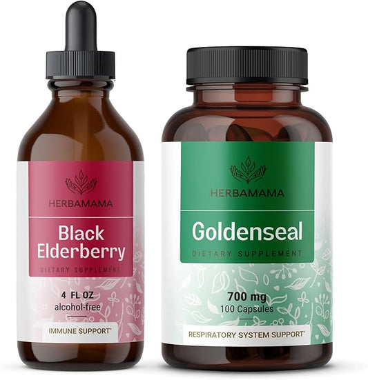 HERBAMAMA Black Elderberry and Goldenseal Kit - Bundle of Elderberry Extract Tincture & 700mg Goldenseal Root Capsules - Vegan, Non-GMO, Sugar & Gelatin-Free - 2 Pack