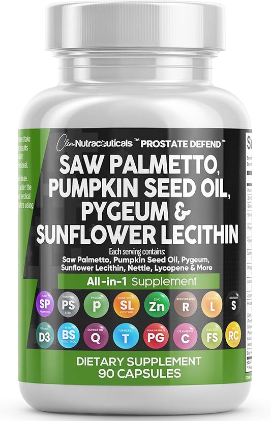 Clean Nutraceuticals Saw Palmetto Pumpkin Seed Oil Pygeum Sunflower Lecithin Stinging Nettle Cranberry - Prostate Supplements for Men with Lycopene - 90 Caps