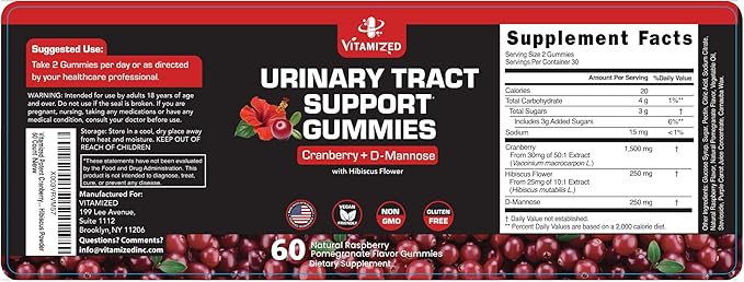 Potent Cranberry Gummies 1500mg with D Mannose - Urinary Tract Health for Women & Men, Urinary Flush & Bladder Fast-Acting Support Supplements with Hibiscus Powder, 60 Count