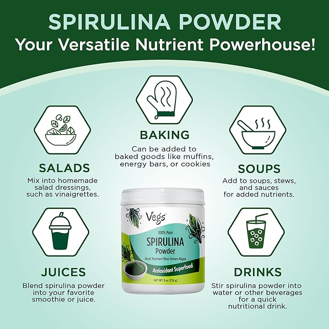 Organic Spirulina Powder - Blue Green Algae Plant-Based Superfood Blend - Antioxidant-Rich with Chlorophyll, Vitamins & Minerals for Cleansing, Energy & Immunity Support - Vegan, Non-GMO - 8 oz