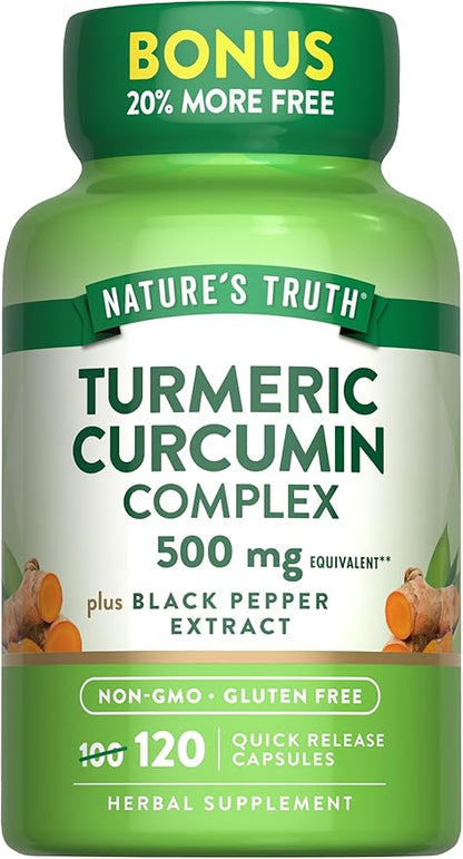 Nature's Truth Turmeric Curcumin 500mg | 120 Capsules | with Black Pepper Extract | Non-GMO and Gluten Free Supplement