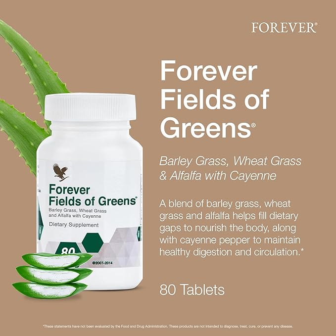 Forever Living - Fields of Greens, Green Superfood Supplement with Barley Grass, Wheat Grass, and Alfalfa to Cleansing and Alkalizing, 80 Tablets