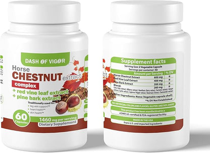 Dash of Vigor 12-in-1 Horse Chestnut Extract Complex, Red Vine Leaf Extract Supplement, Pine Bark, Turmeric, Hawthorn Berry, Ginger, Cayenne Pepper, Chamomile, Leg Vein Support, 1460 mg, 60 Capsules