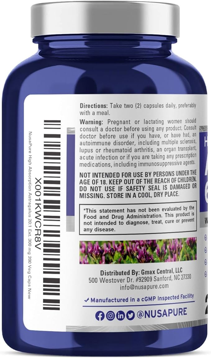 NusaPure Astragalus 20:1 Extract, 300 mg Equivalent to 6,000mg Per Serving, 200 Veggie Capsules, Non-GMO & Bioperine