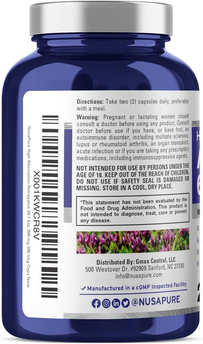 NusaPure Astragalus 20:1 Extract, 300 mg Equivalent to 6,000mg Per Serving, 200 Veggie Capsules, Non-GMO & Bioperine