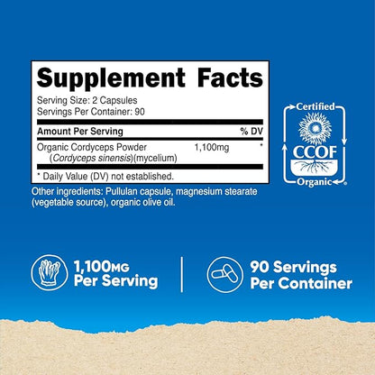 Nutricost Cordyceps Mushroom Capsules 1100mg, 90 Serv - CCOF Certified Made with Organic, Gluten Free, 550mg Per Capsule (180 Capsules)
