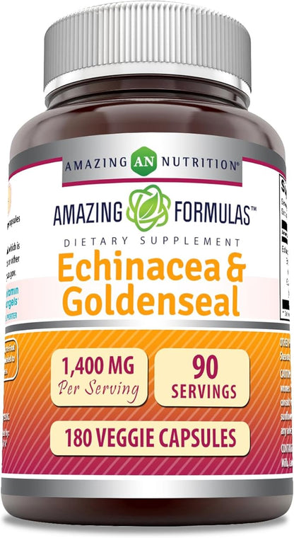 Amazing Formulas Echinacea & Goldenseal Supplement | 1400 Mg Per Serving | 180 Veggie Capsules | Non-GMO | Gluten Free | Made in USA