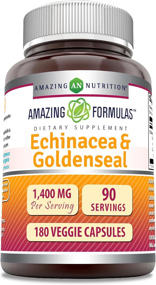 Amazing Formulas Echinacea & Goldenseal Supplement | 1400 Mg Per Serving | 180 Veggie Capsules | Non-GMO | Gluten Free | Made in USA