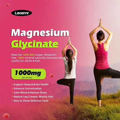 Magnesium Glycinate Gummies 1000mg - Sugar Free Magnesium Potassium Supplement with Vitamin D, B6, CoQ10 for Calm Mood & Sleep Support - 60Raspberry Gummies