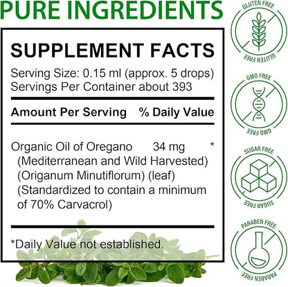 2 Pack Organic Oregano Oil Liquid Drops, Natural Herbal Supplement with Oil of Oregano Drops, Immune, Digestive Support & Energy, Non-GMO, Gluten Free, 4 FL OZ
