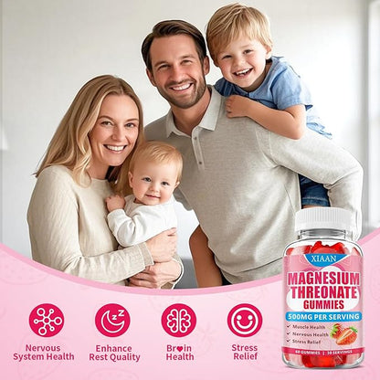 Magnesium L-Threonate Gummies 500mg, Suagr-Free Magnesium Threonate Supplement for Kids & Adults Muscle & Nervous Health Support, Strawberry Flavor 120 Count