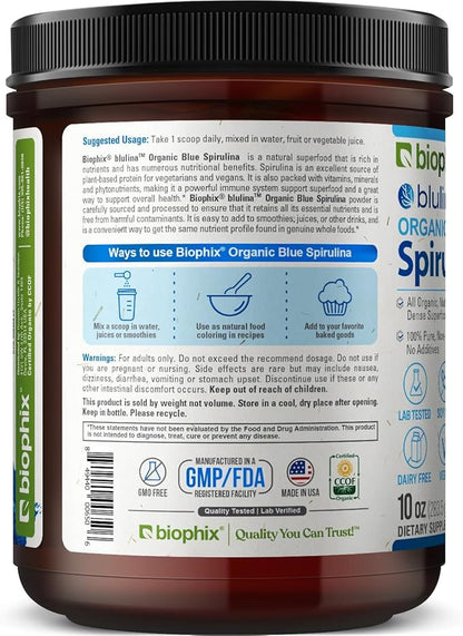 biophix Blue Spirulina Powder Organic Blulina 10 oz - Algae Organic Spirulina Powder 283 Servings - Superfood Supplement - Natural Blue Pigment - Espirulina en Polvo Organica Pura Azul