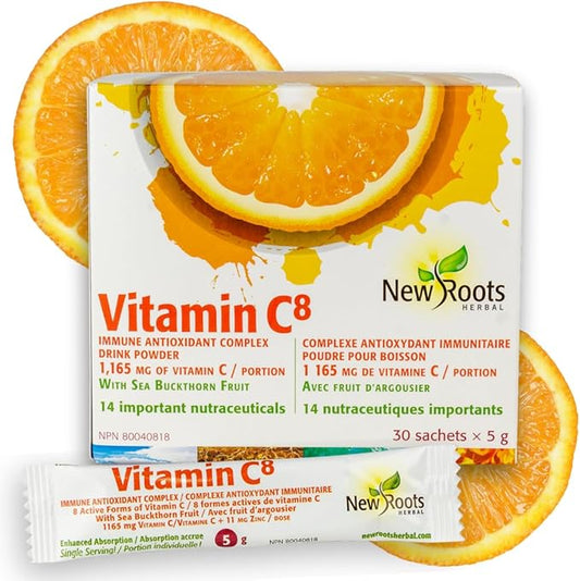 New Roots | Vitamin C⁸ Powder Immune Support | 30 Sachets, 1165 mg Vitamin C | 8 Unique Buffered Forms, Electrolytes, Bioflavonoids & Green Tea for Maximum Absorption & Antioxidant Defense