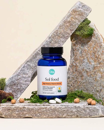 Ora Organic Vitamin D3 5000IU + K2 - Vegan Vitamin D from Lichen and K2 from Chickpeas for Bone Health, Immune Support, & Mood, Maximum Absorption - 1 Month Supply, 30 Chewable Tablets