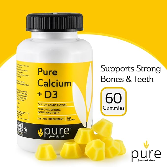 Vegan Calcium with Vitamin D3 Gummies – Supports Strong Bones & Teeth, 1000 IU, Kosher, Gluten & Dairy-Free Calcium Gummy (60 Gummies)