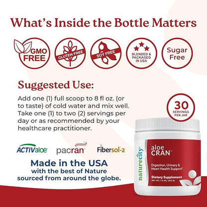 NatureCity AloeCran Sugar Free Drink Mix Supplement | Pure Aloe Vera, Cranberry Powder & Dietary Fiber| Unsweetened Cranberry Concentrate | Supports Digestive, Urinary & Metabolic Health | 30 Servings