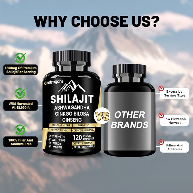 Shilajit Capsules - 20,000mg Pure Himalayan Organic Shilajit for Men & Women with Ashwagandha, Supports Vitality and Wellness, Premium Shilajit Pure Himalayan Supplement, 120 Capsules