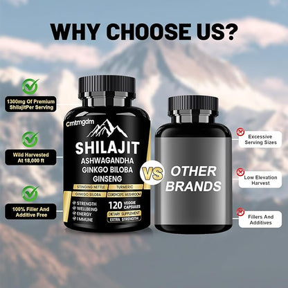 Shilajit Capsules - 20,000mg Pure Himalayan Organic Shilajit for Men & Women with Ashwagandha, Supports Vitality and Wellness, Premium Shilajit Pure Himalayan Supplement, 120 Capsules