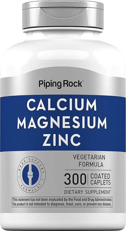 Piping Rock Calcium Magnesium Zinc Supplement | 300 Coated Caplets | Non-GMO, Gluten Free