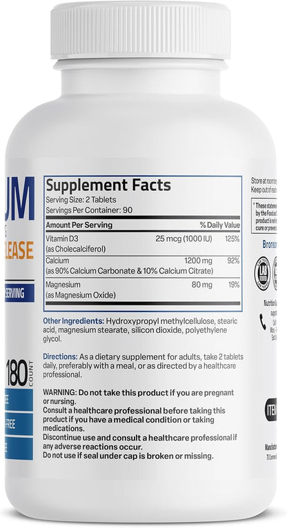 Bronson Calcium 1200 MG Per Serving Sustained Release with Vitamin D3 1000 IU Vitamin D3 Per Serving Non-GMO, 180 Tablets