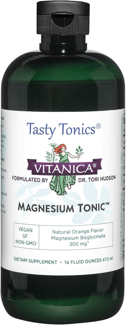 Vitanica Magnesium Tonic, Liquid Magnesium Bisglycinate Chelate 300 mg with Vitamin B6, Dr Formulated Supplement, Orange Flavor, Vegan, Gluten Free and Non-GMO,16 fl oz