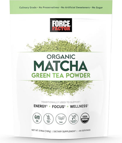 FORCE FACTOR Organic Matcha Green Tea Powder for Energy, Focus, and Daily Wellness, Culinary Grade, USDA-Certified Organic, Rich and Delicious Flavor 169g, 84 Servings