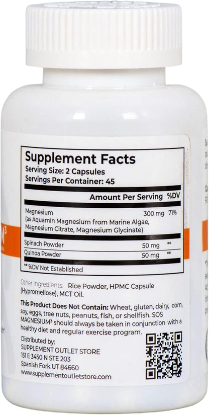 SOS Magnesium Complex - 300mg Capsules of Magnesium Glycinate, Aquamin Magnesium & Magnesium Citrate for Muscle Relaxation, and Sleep, High Absorption, Vegan, Non-GMO 45 Servings
