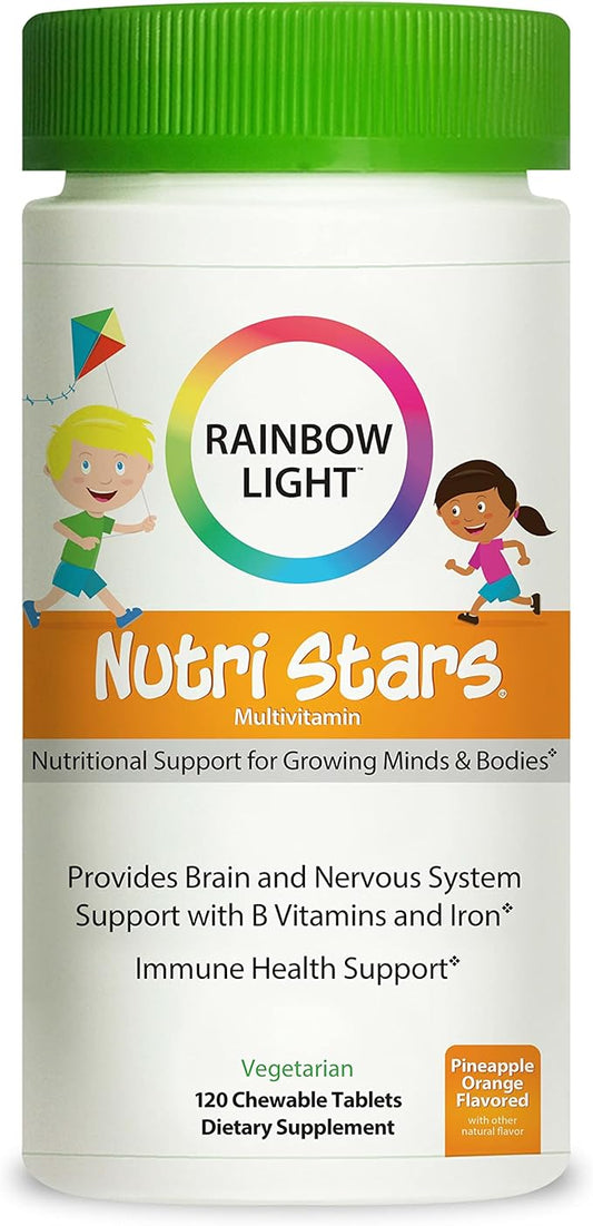 Rainbow Light Multivitamins for Kids, Vitamin B, Zinc & Iron, Prebiotics, Nutri Stars Provides Brain & Nervous System Support, Pineapple Orange, 120 Chewable Tablets