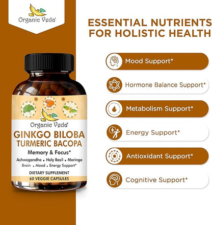 Organic Veda Ginkgo Biloba Turmeric Bacopa Brain Supplement for Memory, Mood & Focus with Ashwagandha - Concentration, Energy & Brain Booster, Healthy Joints & Circulation Support - 60 Vegan Capsule