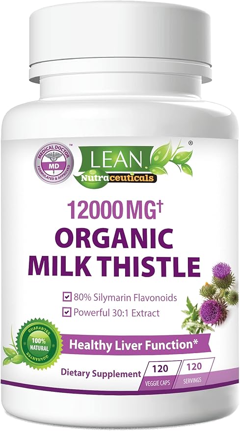 Lean Nutraceuticals Organic Milk Thistle Liver Cleanse Detox & Repair – 12000mg Milk Thistle Extract with Dandelion Root & Artichoke – Liver, Kidney & Gallbladder Support, 120 Vegan Capsules