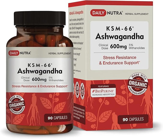 KSM-66 Ashwagandha 600mg Organic Root Extract - High Potency Supplement with 5% Withanolides | Relieves Tiredness, Supports Relaxation, Focus, Energy, & Muscle Growth (90 Capsules)