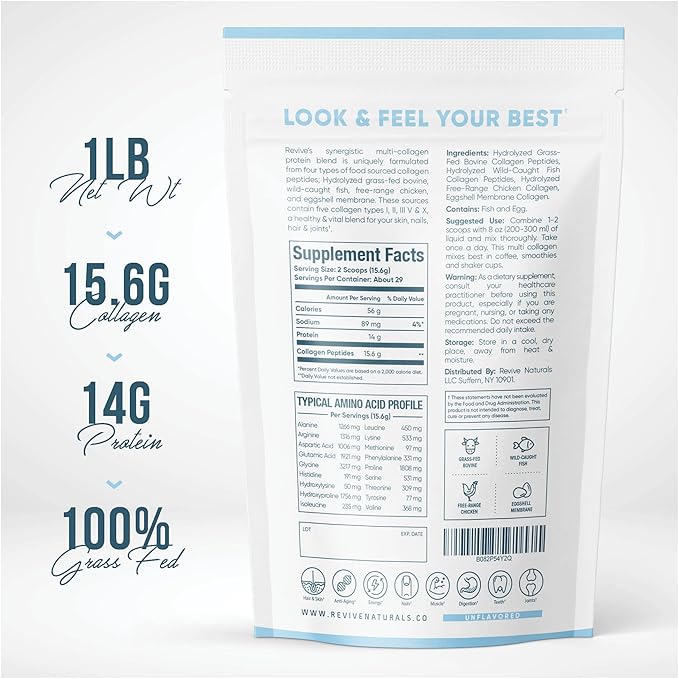 Multi Collagen Hydrolyzed Protein Powder (16oz) - Types I, II, III, V & X - Grass Fed Bovine (Peptan®), Wild Caught Marine, Free Roaming Chicken & Eggshell Collagen Peptides, Non-GMO, GF.