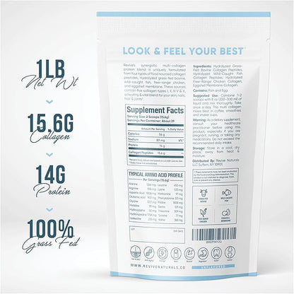 Multi Collagen Hydrolyzed Protein Powder (16oz) - Types I, II, III, V & X - Grass Fed Bovine (Peptan®), Wild Caught Marine, Free Roaming Chicken & Eggshell Collagen Peptides, Non-GMO, GF.
