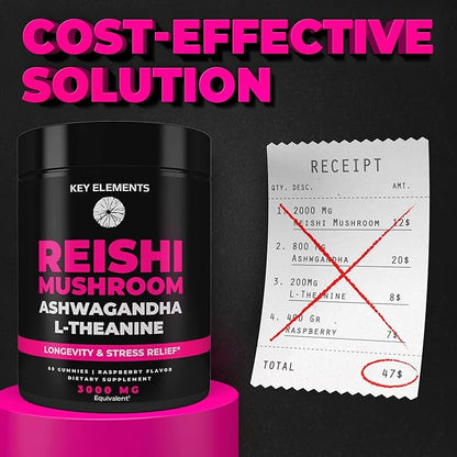 Natural Reishi Mushroom Gummies & L Theanine with Ashwagandha - Potent Mushroom Supplements for Immune Support, Stress Relief & Improve Sleep Gummies - Ashwagandha Gummies for Women & Men