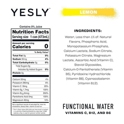 Yesly Functional Water, Lemon, Naturally Flavored Still Water with Electrolytes, Magnesium, Potassium, Vitamin C, B6 & B12, Zero Sugar, No Artificial Sweeteners, Caffeine Free, 16 Fl Oz Cans, 12 Pack