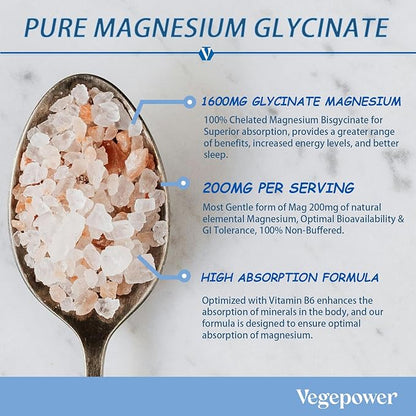 Magnesium Glycinate 200mg with Vitamin B6, 100% Chelated Magnesium Supplements for High Absorption, Magnesium for Sleep, Muscle, Nerve and Bone Health, Gentle On Stomach, Non-GMO, 90 Capsules