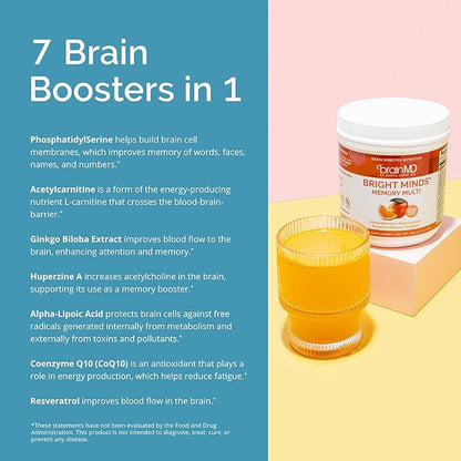Dr Amen BrainMD Bright Minds Memory Multi, Orange Mango Flavor - 5.4 oz Powder - Multivitamin & Memory Support - Gluten Free, Sugar Free - 30 Servings