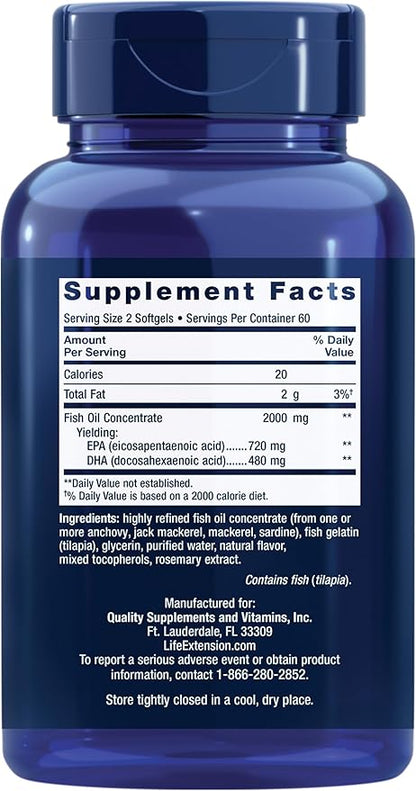 Life Extension Mega EPA/DHA, Omega-3 Fatty acids, Heart & Brain Health, Non-GMO, Gluten-Free, 120 softgels