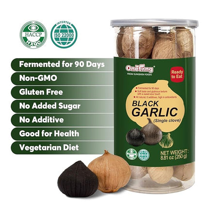 ONETANG Black Garlic 250g, Whole Black Garlic Fermented for 90 days, 0 additives, high in antioxidants 8.81 oz（pack of 2）