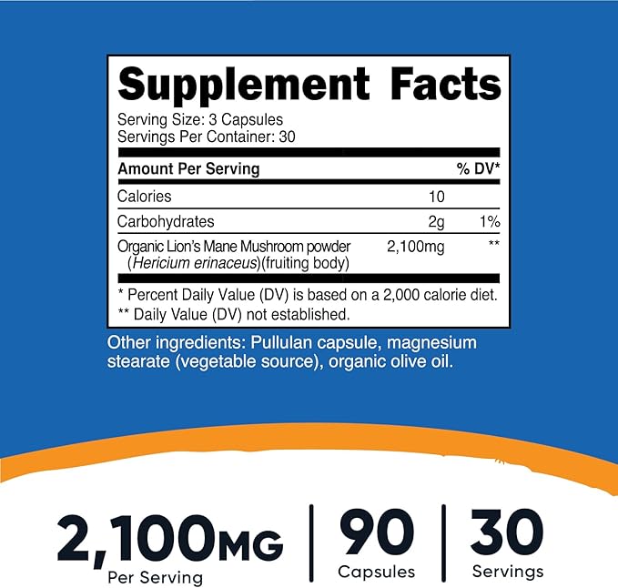 Nutricost Lion's Mane Mushroom Capsules 2100mg, 30 Servings - CCOF Certified Made with Organic, Vegetarian, Gluten Free, 700mg Per Capsule, 90 Capsules