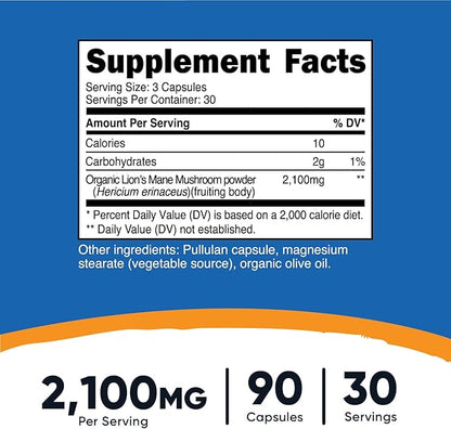 Nutricost Lion's Mane Mushroom Capsules 2100mg, 30 Servings - CCOF Certified Made with Organic, Vegetarian, Gluten Free, 700mg Per Capsule, 90 Capsules