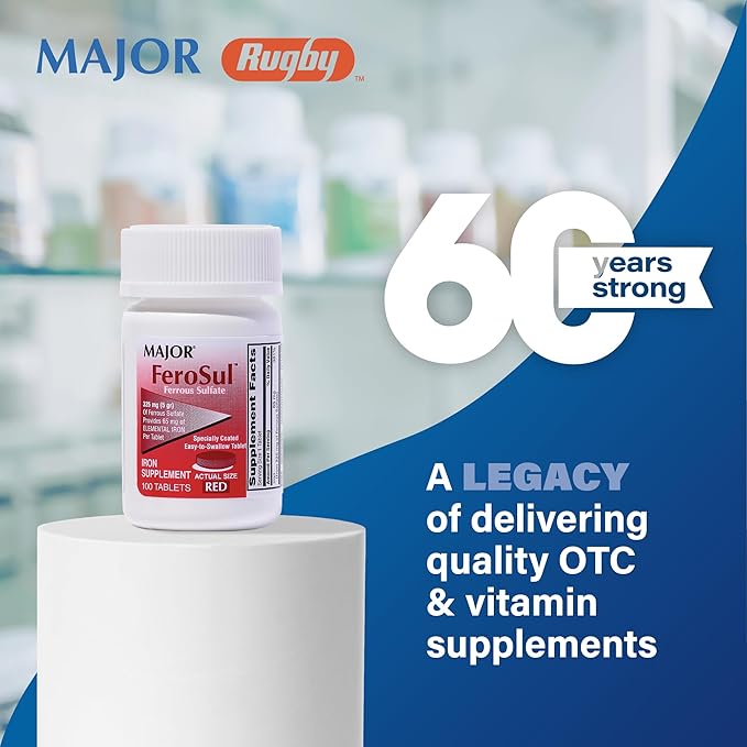 MAJOR Ferosul - Ferrous Sulfate 325mg Tablets with 65mg of Elemental Iron - Iron Supplement for Women, Men - Red - 100 Tablets (3 Pack)