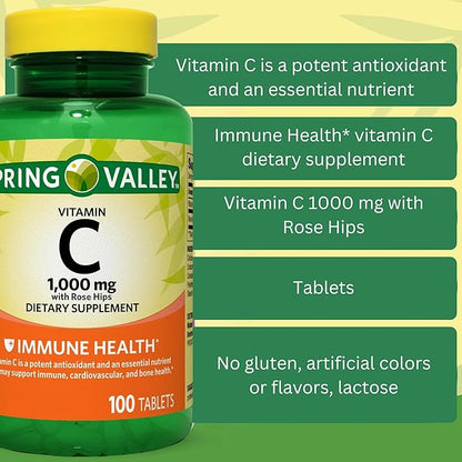 Spring Valley Vitamin C 1000mg with Rose HIPS Tablets Dietary Supplement, Antioxidant Protection, 100 Count (Pack of 1)